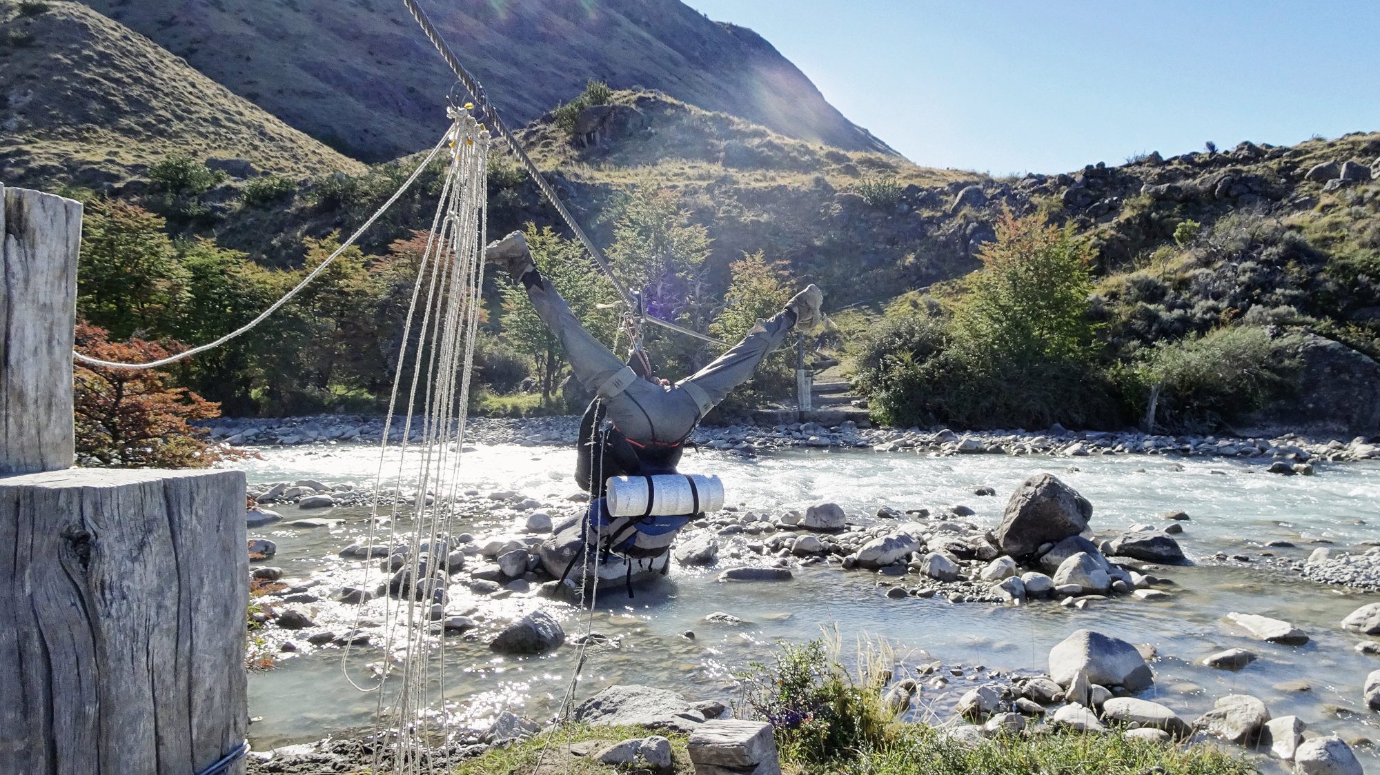 Seilrutsche auf dem Huemul Circuit, Tirolesa, Zipline,, El Chaltén, Patagonien, Argentinien, Wanderung, Trekking