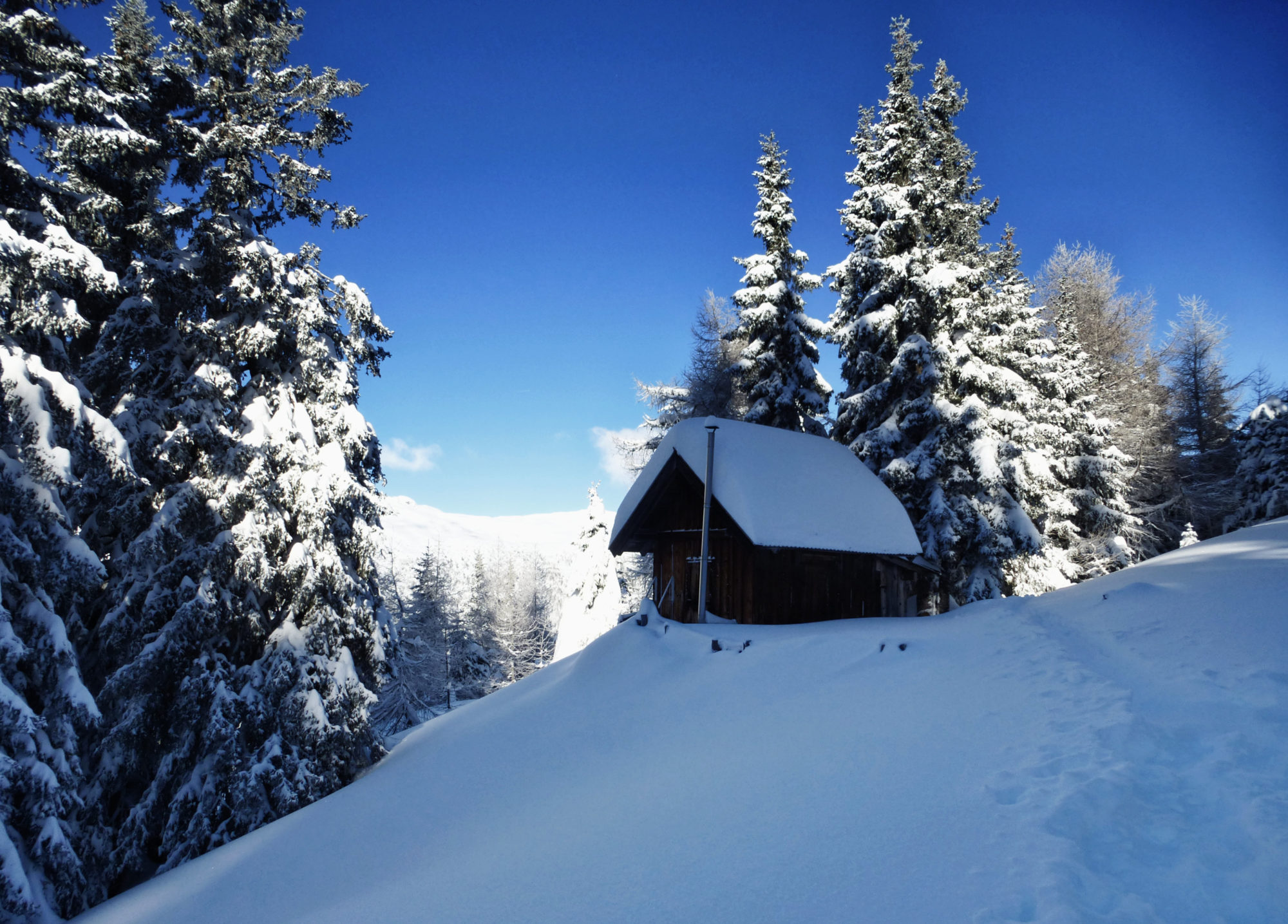 Schneeschuhwandern Pfad Hütte Sonne Bäume