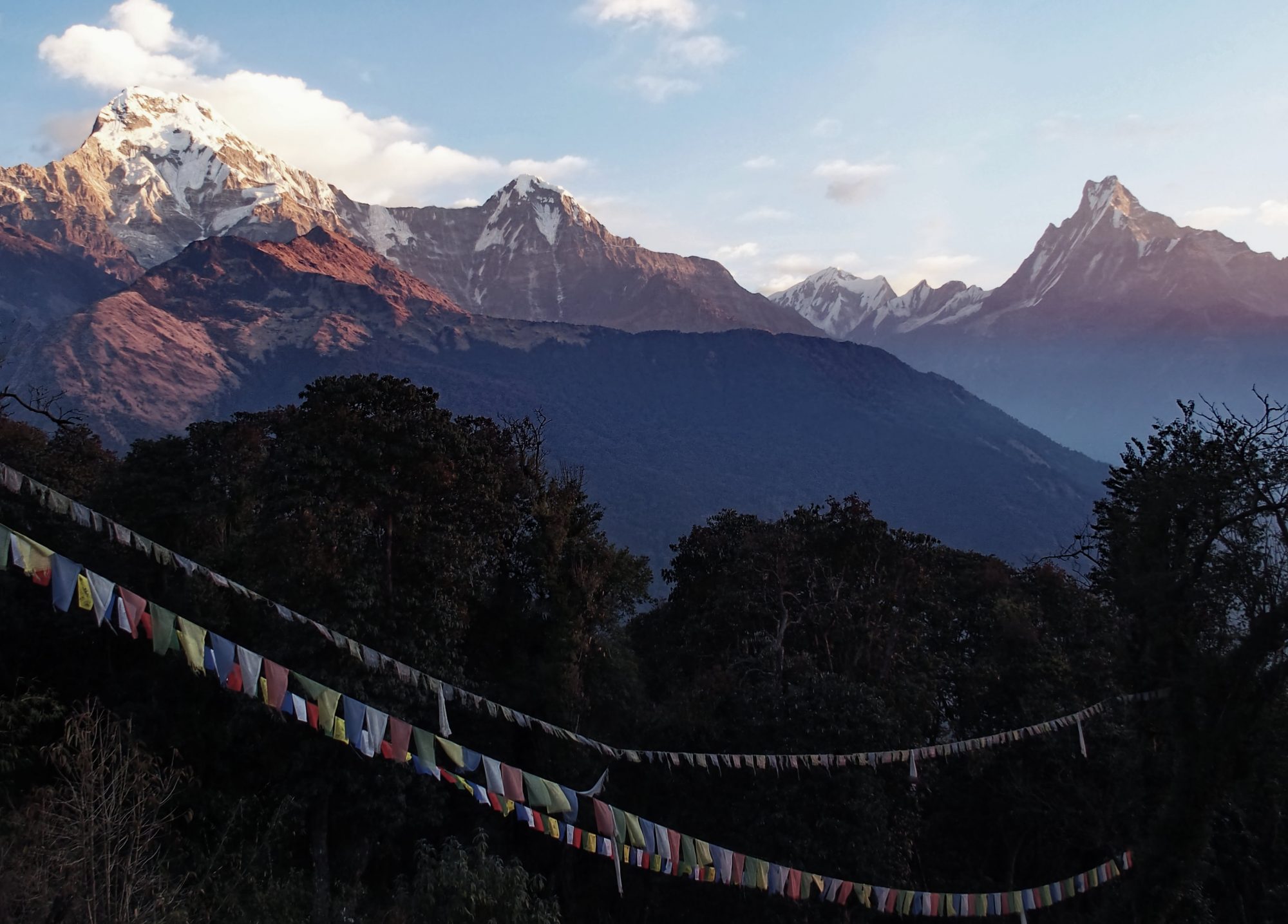 Sonnenaufgang Tadapani. Nepal. Buddhistische Flaggen.